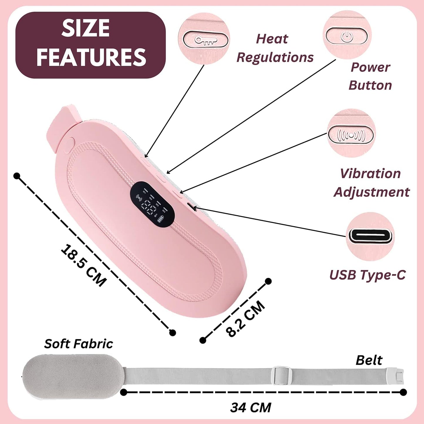 Portable Cramp Relief Belt with Heat & Vibration Therapy – Rechargeable USB Type-C